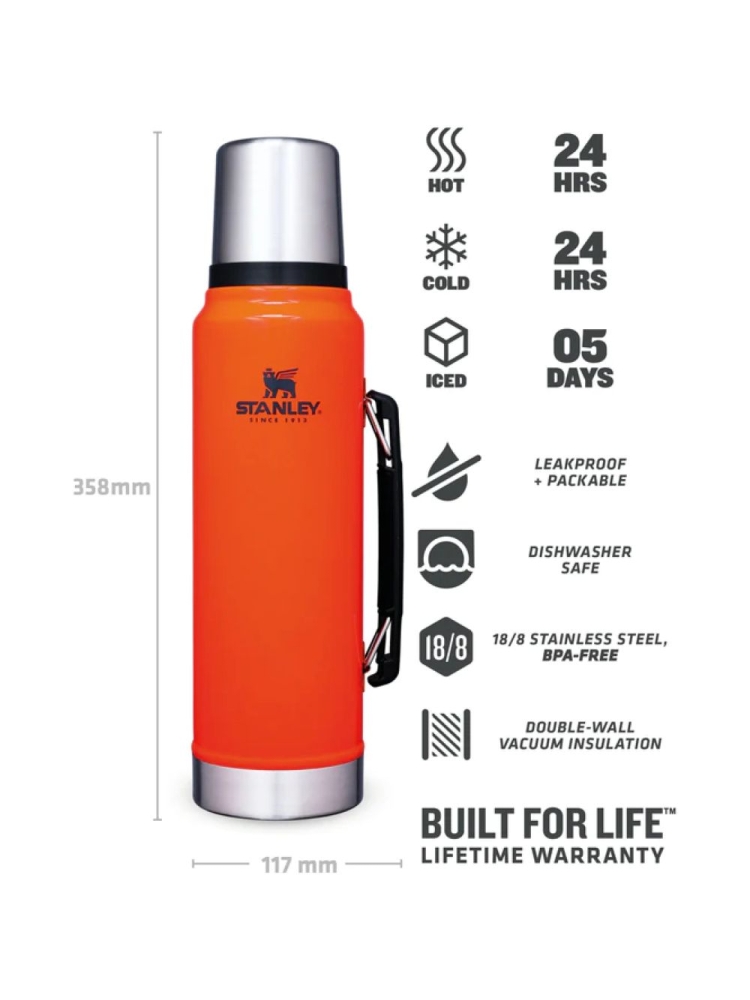 Stanley The Legendary Classic Bottle 1,0L Blaze Orange 10-08266-032 drinkflessen en thermosflessen online bestellen bij Kathmandu Outdoor & Travel