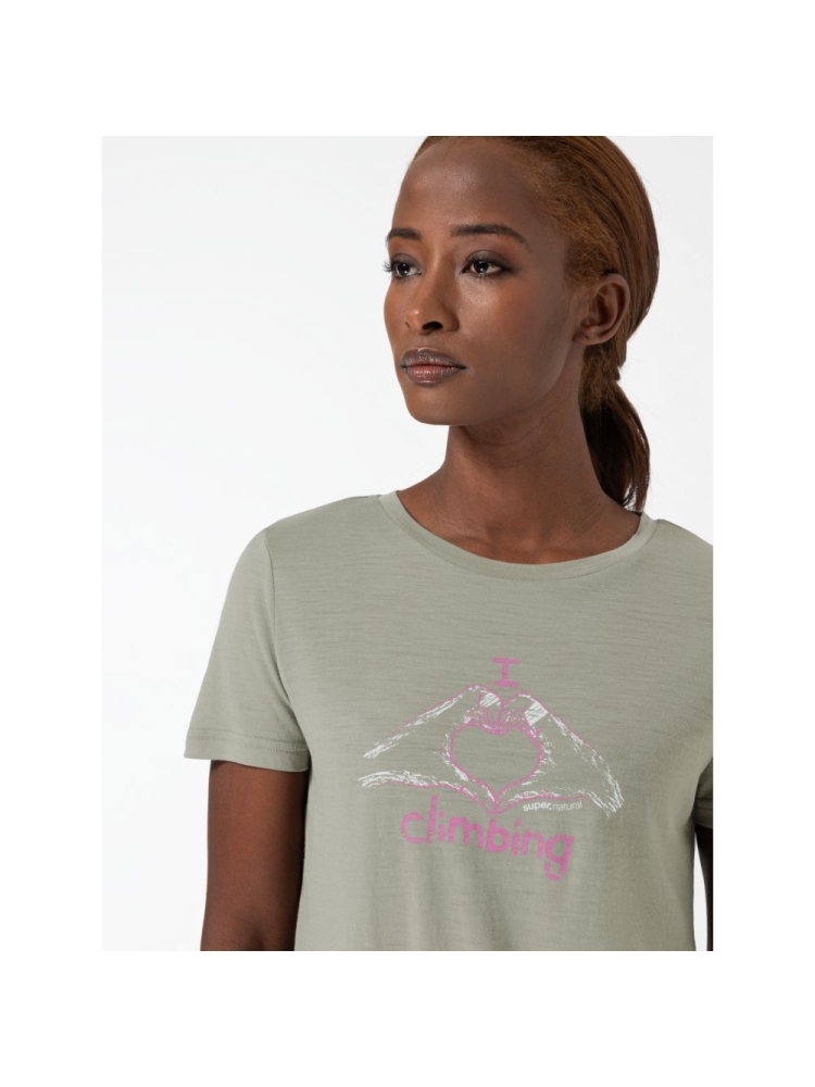 Super Natural I Love Climbing Tee Women's Dried Sage/Gin Fizz/Natural Wh SNWP03130-54B shirts en tops online bestellen bij Kathmandu Outdoor & Travel