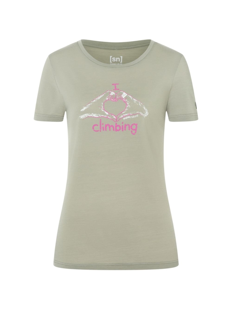 Super Natural I Love Climbing Tee Women's Dried Sage/Gin Fizz/Natural Wh SNWP03130-54B shirts en tops online bestellen bij Kathmandu Outdoor & Travel